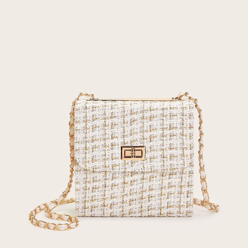 

Twist Lock Tweed Chain Bag, White