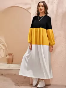 Seusyu Colour Block Blouson Sleeve Maxi Tent Dress - Multicolor - View 4