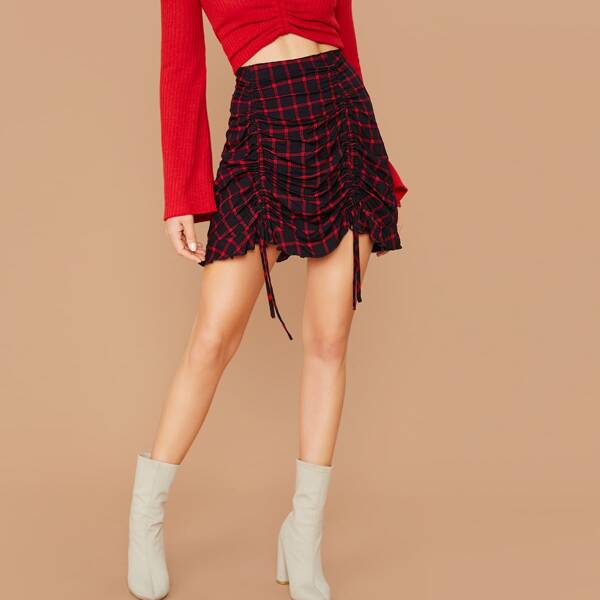 

Plaid Ruffle Hem Drawstring Skirt, Multicolor