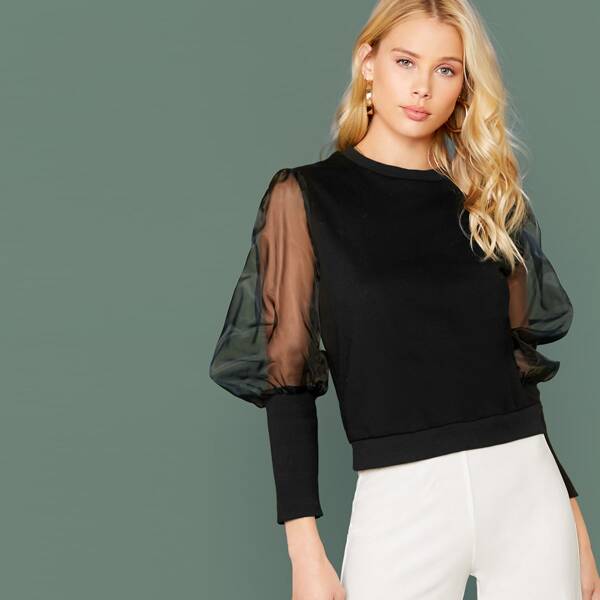 

Organza Gigot Sleeve Pullover, Black