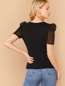 SHEIN Privé Square Neck Organza Puff Sleeve Top - Black - View 2