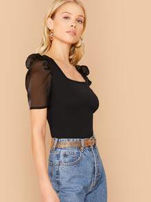 SHEIN Privé Square Neck Organza Puff Sleeve Top - Black - View 3