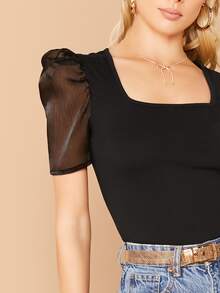 SHEIN Privé Square Neck Organza Puff Sleeve Top - Black - View 4