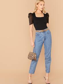 SHEIN Privé Square Neck Organza Puff Sleeve Top - Black - View 5