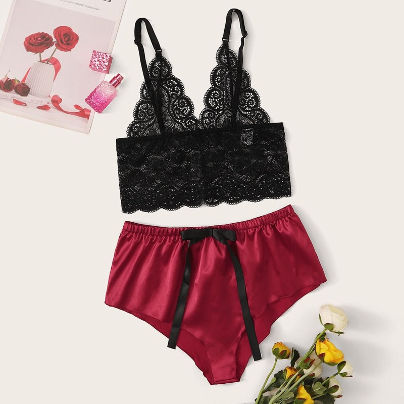 

Floral Lace Top With Satin Shorts Lingerie Set, Multicolor