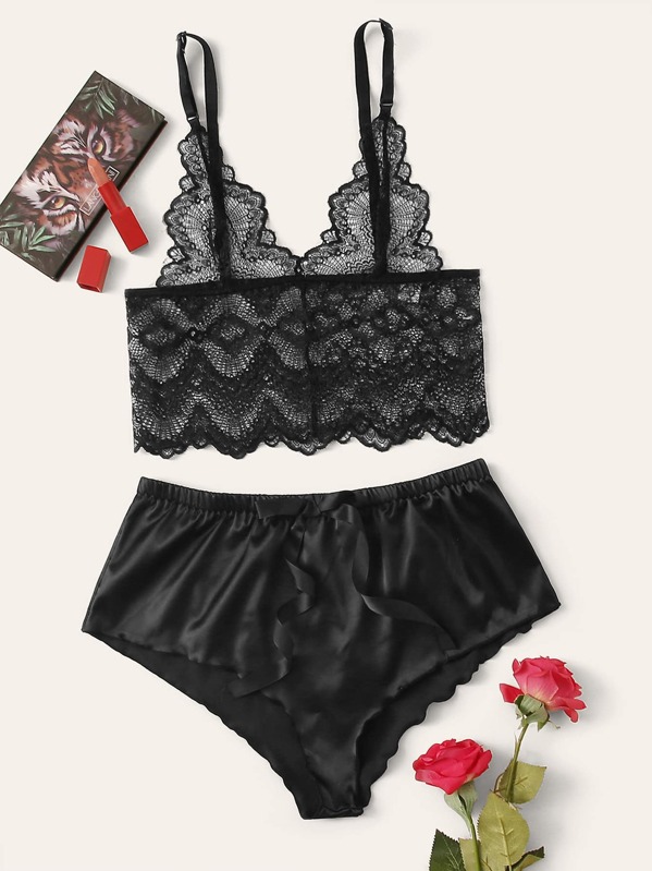 

Floral Lace Top With Satin Shorts Lingerie Set, Black