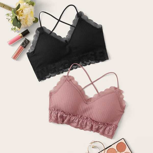 

2pack Rib Lace Trim Bra Set, Multicolor