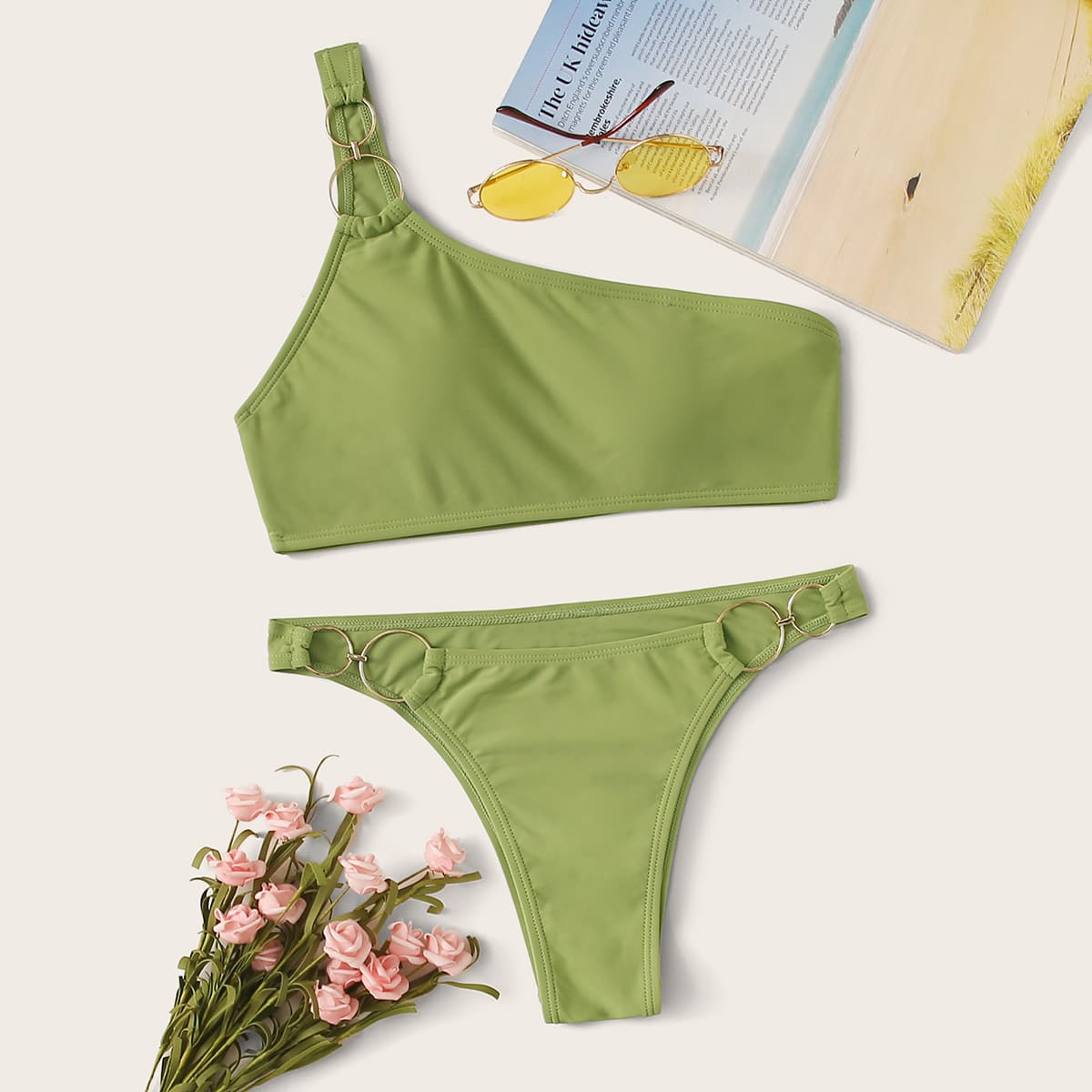 

Ring Linked One Shoulder Bikini Set, Green