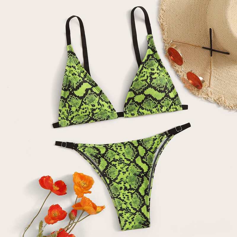 

Snakeskin Print Triangle Bikini Set, Multicolor