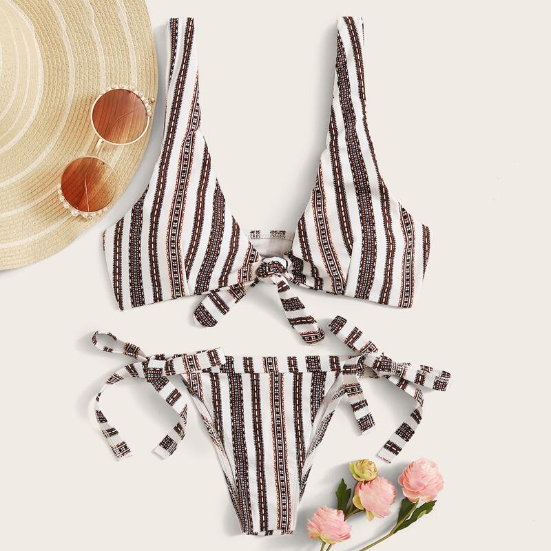

Striped Knot Top With Tie Side Bikini Set, Multicolor
