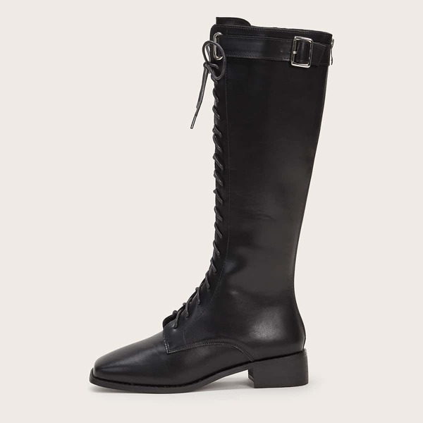 

Buckle Decor Lace-up Knee High Boots, Black