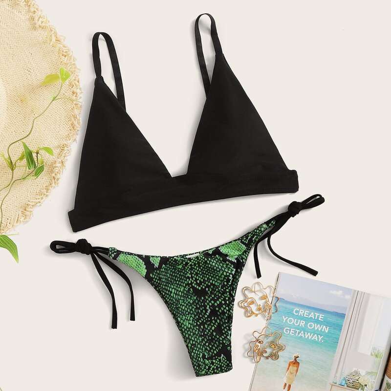 

Triangle Top With Snakeskin Print Bikini Set, Multicolor