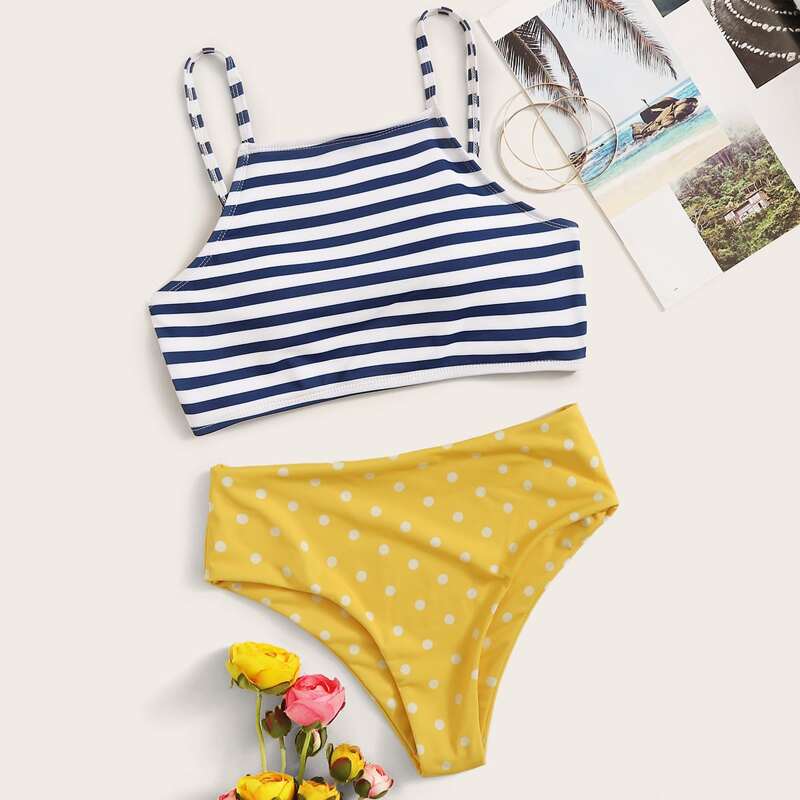 

Striped Top With High Waist Bikini Set, Multicolor