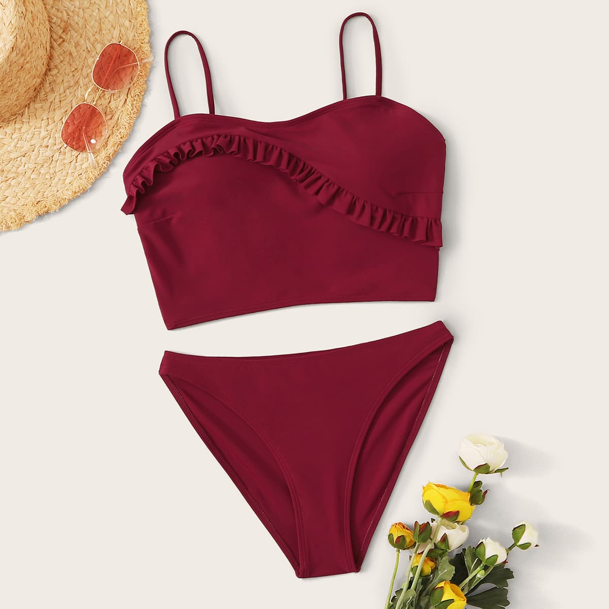 

Ruffle Top With High Cut Bikini Set, Red