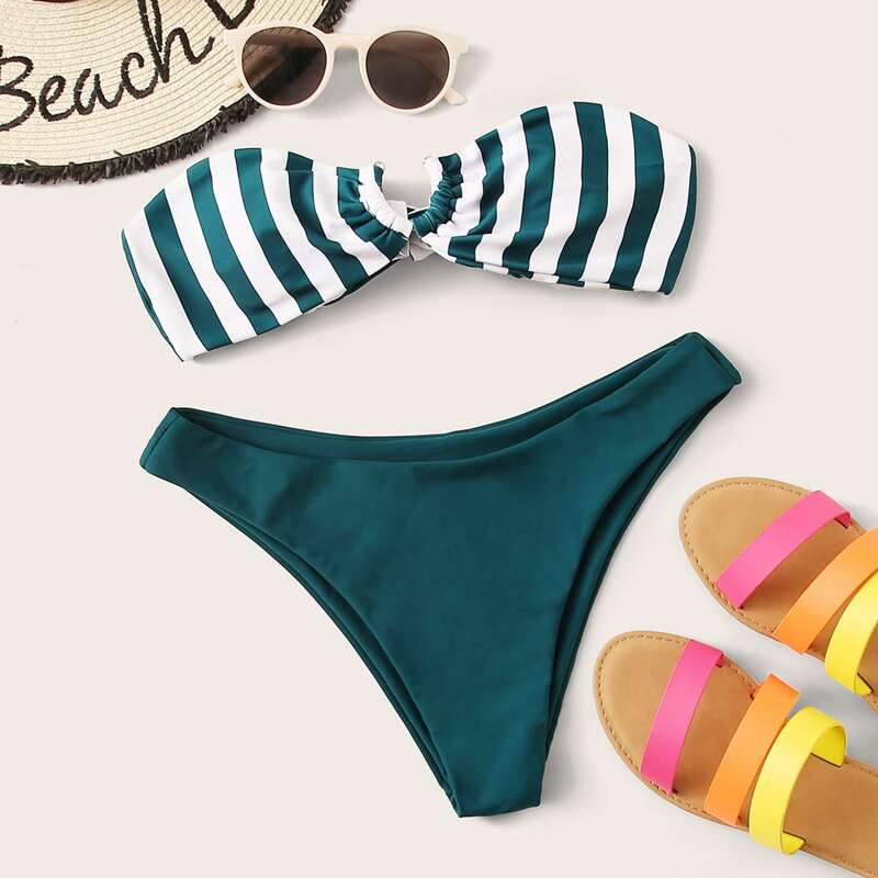 

Striped Bandeau With High Cut Bikini Set, Multicolor