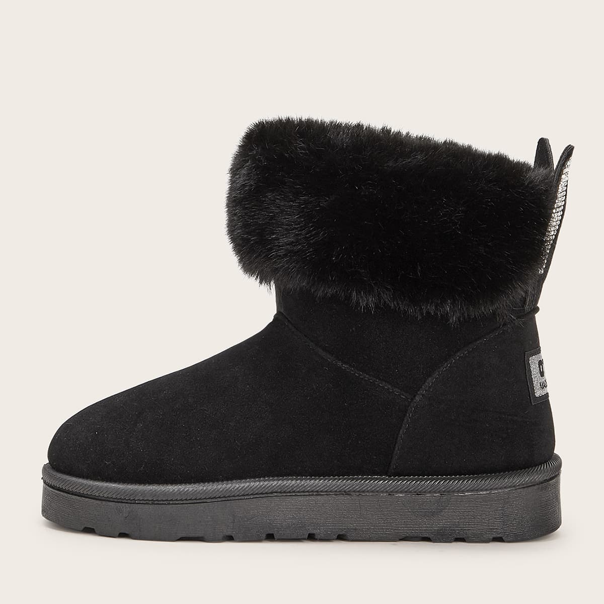 

Rhinestone Decor Contrast Faux Fur Snow Boots, Black