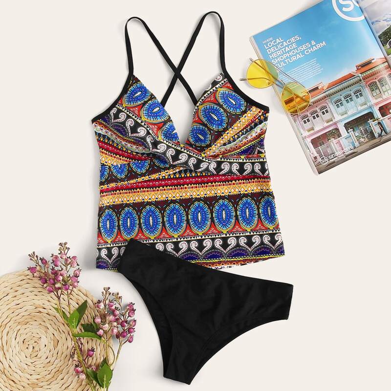 

Tribal Random Print Tankini Set, Multicolor