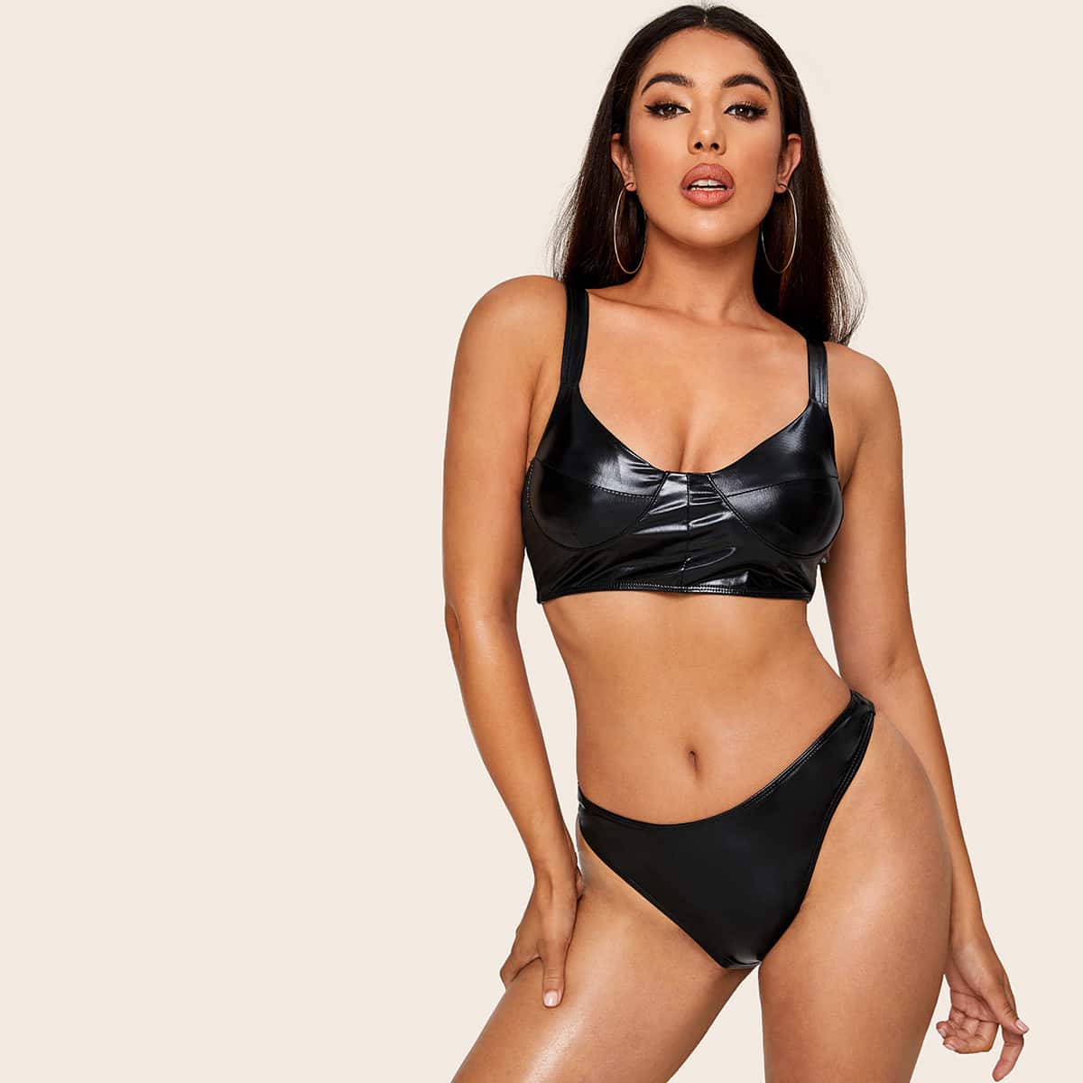 

PU High Cut Bikini Swimsuit, Black