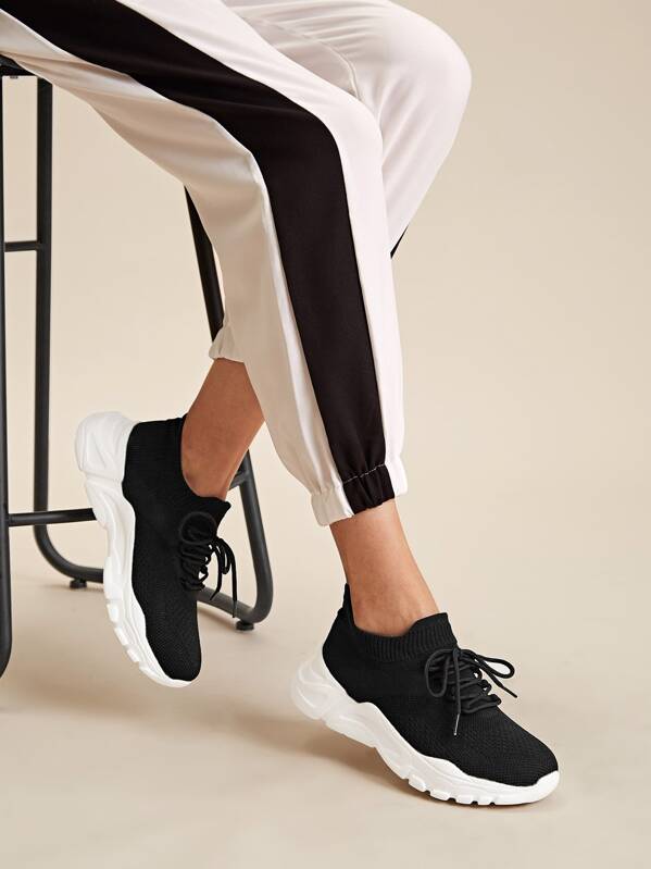 

Two Tone Lace-up Front Knit Chunky Sneakers, Black and white