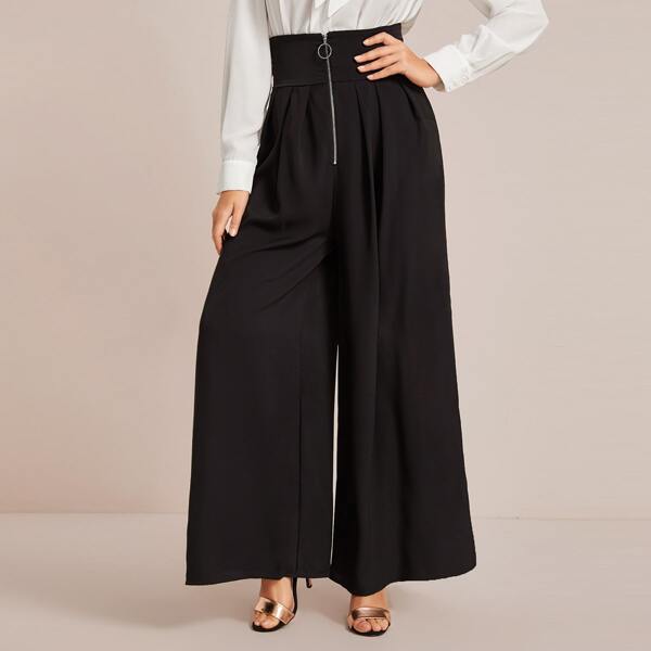 

Wide Waistband O-ring Zip Front Pleated Wide Leg Pants, Black