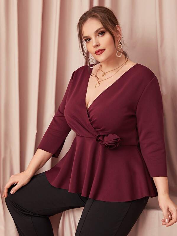 

Plus Surplice Neck 3D Applique Peplum Top, Burgundy, Ella