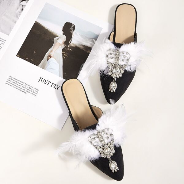 

Faux Fur & Rhinestone Decor Flat Mules, Black