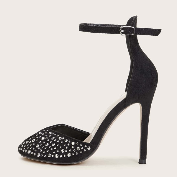 

Rhinestone Decor Ankle Strap Stiletto Heels, Black