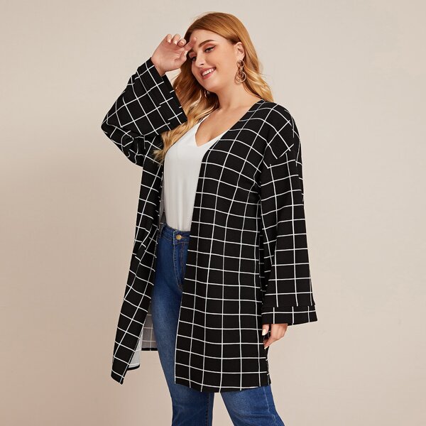 

Plus Grid Drop Shoulder Kimono Sleeve Coat, Black