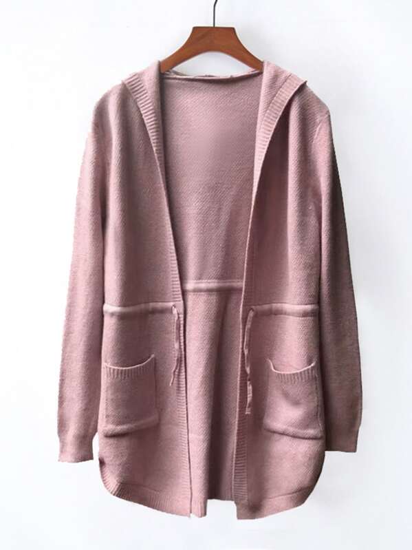 

Drawstring Waist Solid Hooded Cardigan, Pink