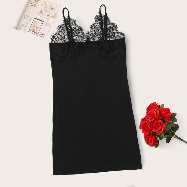 

Plus Lace Trim Slip Nightdress, Black
