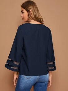 SHEIN Clasi Notch Neck Mesh Insert Bell Sleeve Top - Navy Blue - View 2