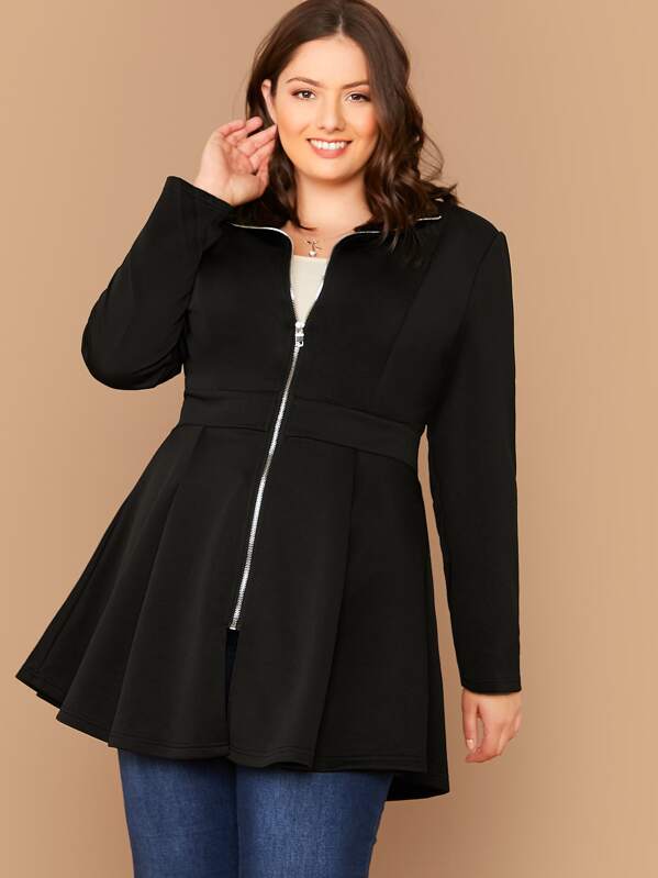 

Plus Solid Zip Up Swing Coat, Black, Marcelle Pallais