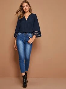 SHEIN Clasi Notch Neck Mesh Insert Bell Sleeve Top - Navy Blue - View 3