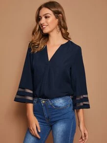 SHEIN Clasi Notch Neck Mesh Insert Bell Sleeve Top - Navy Blue - View 4
