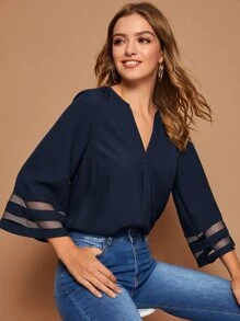 SHEIN Clasi Notch Neck Mesh Insert Bell Sleeve Top - Navy Blue - View 5