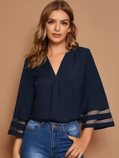 SHEIN Clasi 西裝領網紗拼接鐘形袖上衣