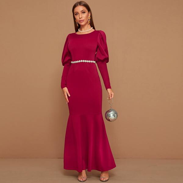 

Gigot Sleeve Fishtail Hem Bodycon Dress With Pearl Chain, Burgundy