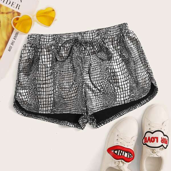 

Drawstring Waist Crocodile Metallic Shorts, Grey