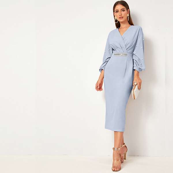 

Pearl Beaded Sleeve Rhinestone Tape Detail Split Back Dress, Blue pastel