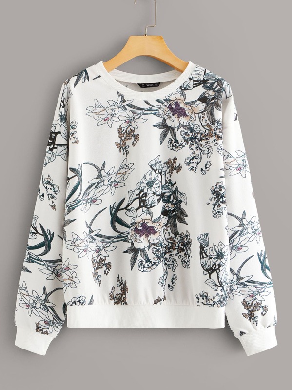 

Plus Drop Shoulder Floral Print Pullover, Multicolor