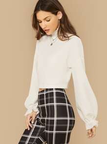 SHEIN Lettuce Trim Drop Shoulder Crop Pullover - Beige - View 3