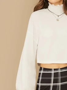 SHEIN Lettuce Trim Drop Shoulder Crop Pullover - Beige - View 4