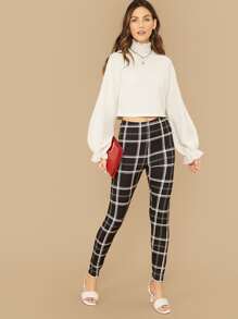 SHEIN Lettuce Trim Drop Shoulder Crop Pullover - Beige - View 5