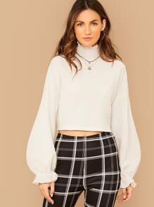 SHEIN Lettuce Trim Drop Shoulder Crop Pullover - Beige - View 1