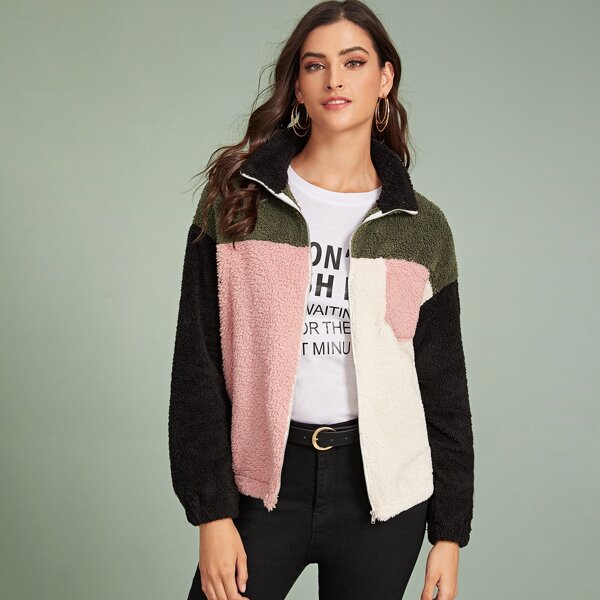 

Drop Shoulder Colorblock Zipper Up Teddy Jacket, Multicolor