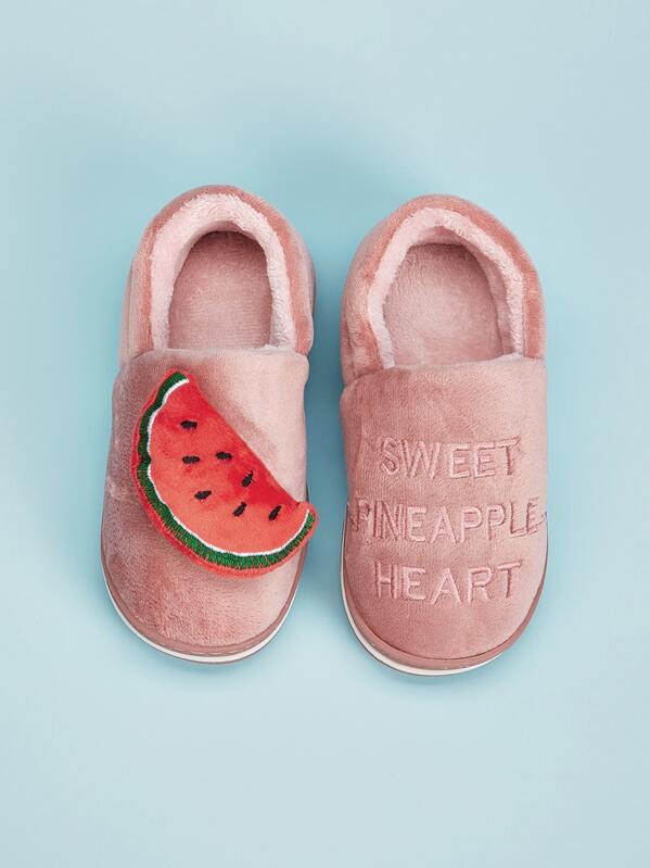 

Toddler Girls Watermelon Decor Letter Embroidered Fluffy Slippers, Pink