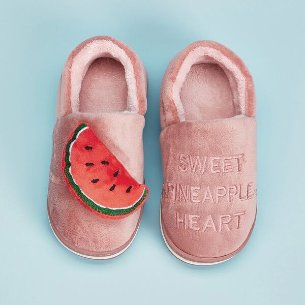 

Toddler Girls Watermelon Decor Letter Embroidered Fluffy Slippers, Pink