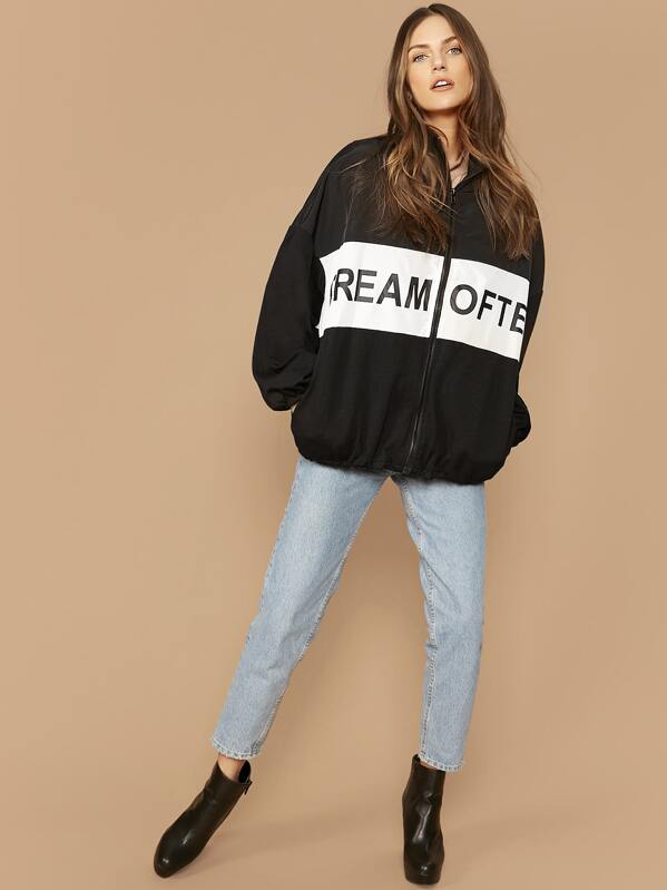 

Slogan Graphic Color Block Lantern Sleeve Jacket, Black, Zorana