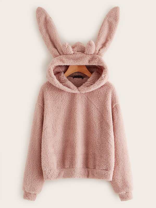 

Plus Solid Teddy Hoodie With Ears, Pink