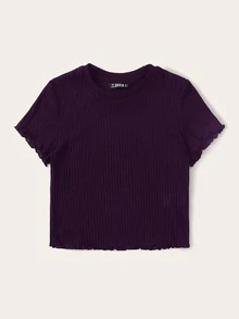 SHEIN Qutie 生菜邊羅紋針織t恤 - 紫色 - 查看 3